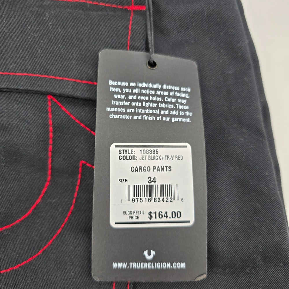 True Religion Cargo Pants Mens Contrast Stitch Jet Black Red 108335 Size 34 NWT - Picture 8 of 13